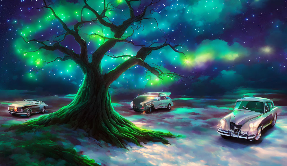 Vintage Cars Parked Under Glowing Aurora Sky