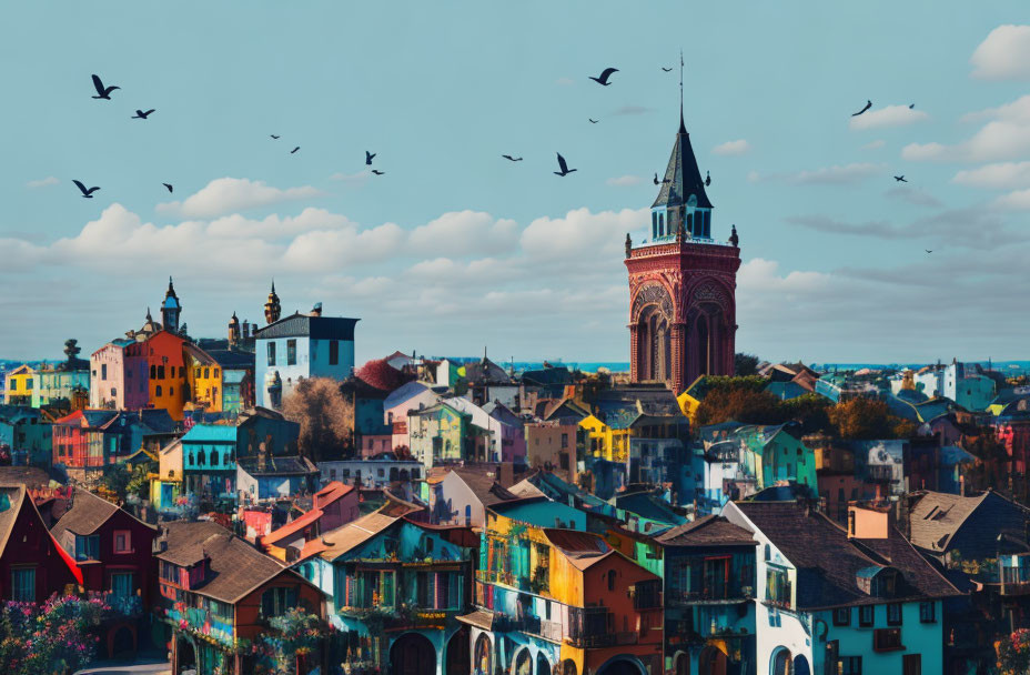 Colorful Townscape with Red Brick Tower and Blue Sky