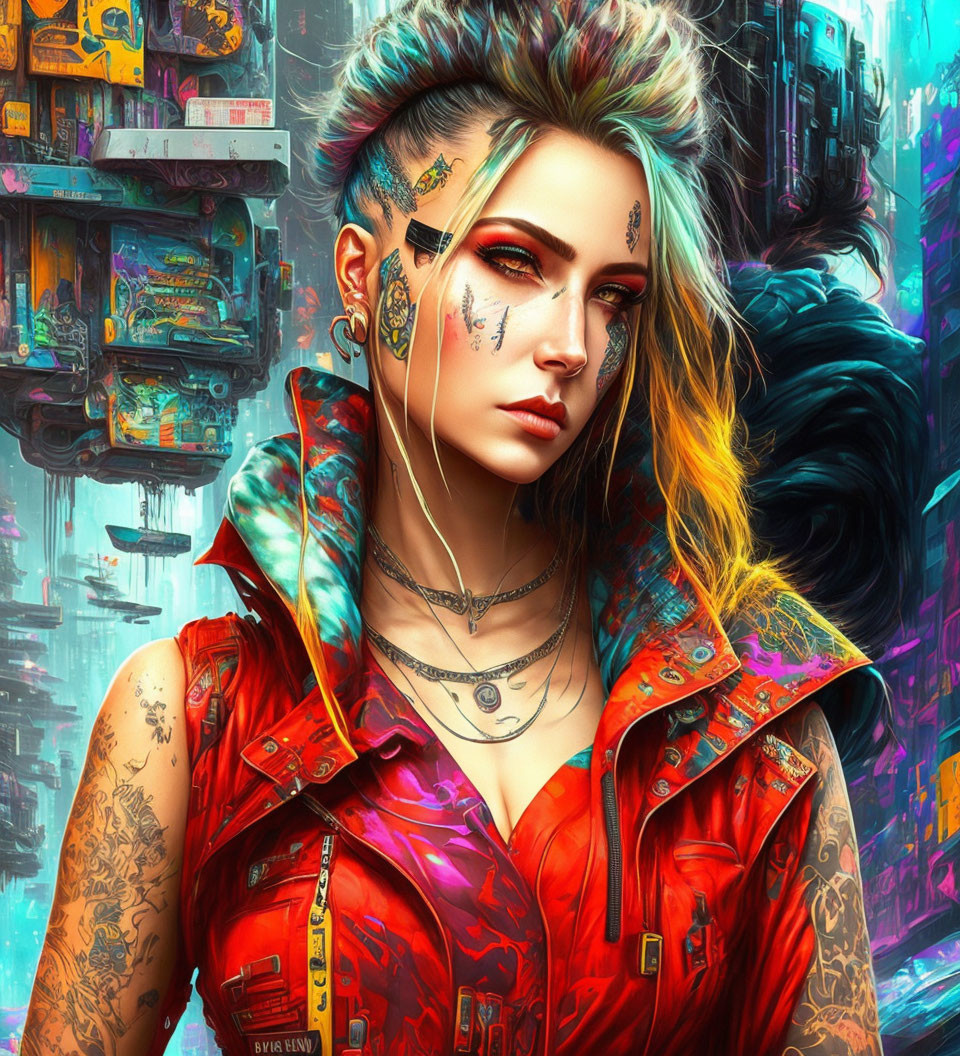 Colorful Cyberpunk Digital Artwork of Tattooed Woman