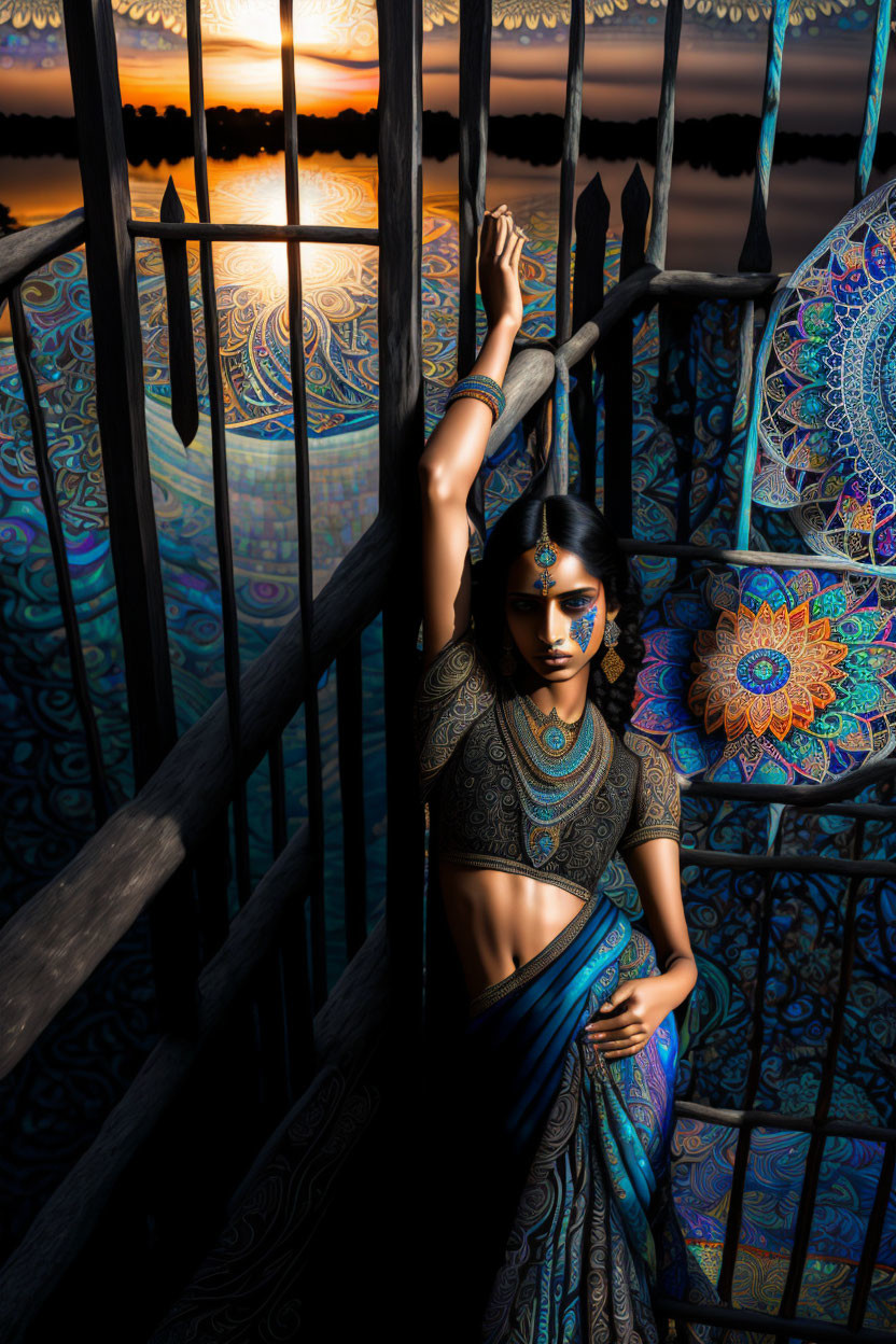 Traditional Indian Attire Woman Poses on Spiral Staircase with Mandala Patterns