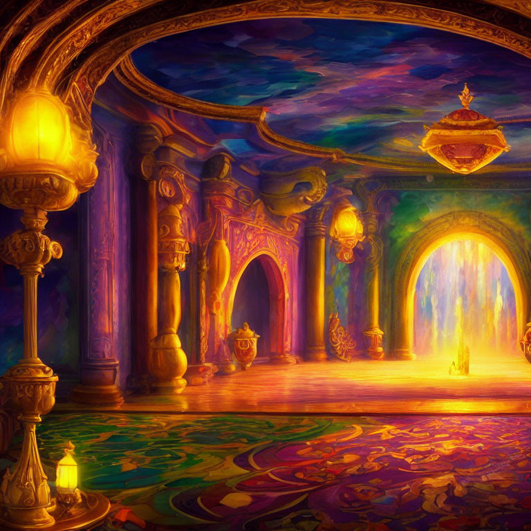 Colorful Palace Interior with Arched Doorways & Glowing Lanterns