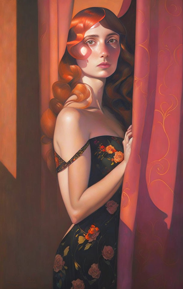 Red-haired woman in floral black dress behind curtain, gazing sideways