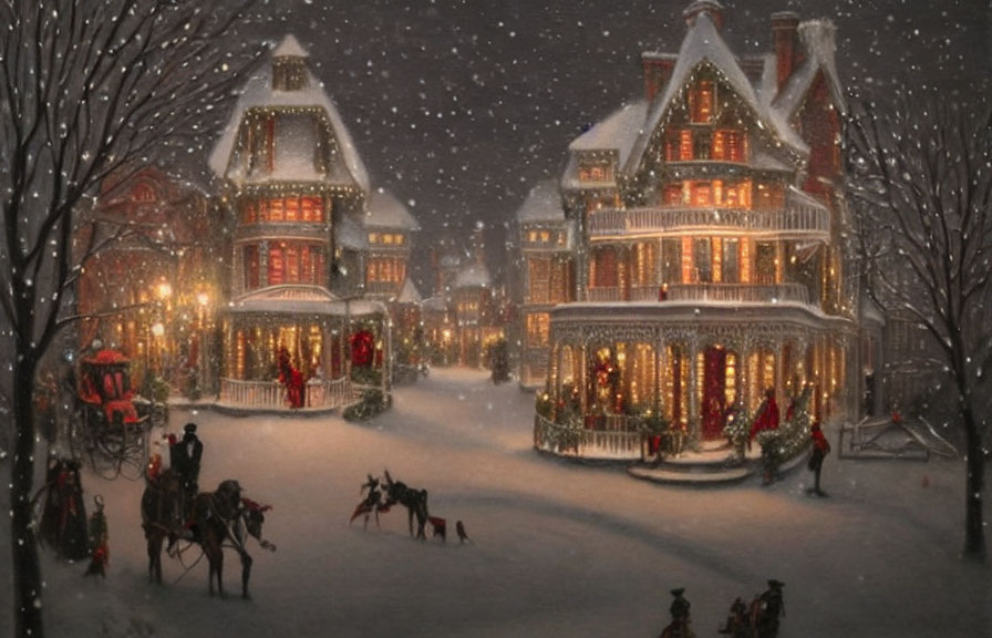 Victorian-style houses with Christmas lights in snowy night scene