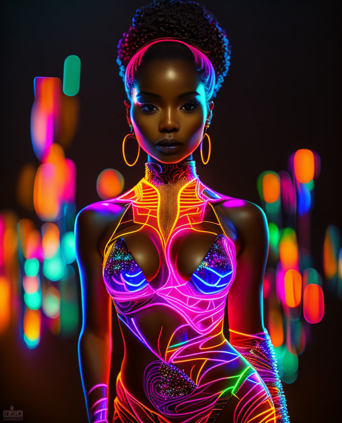 Vibrant neon body paint on a woman against colorful bokeh lights