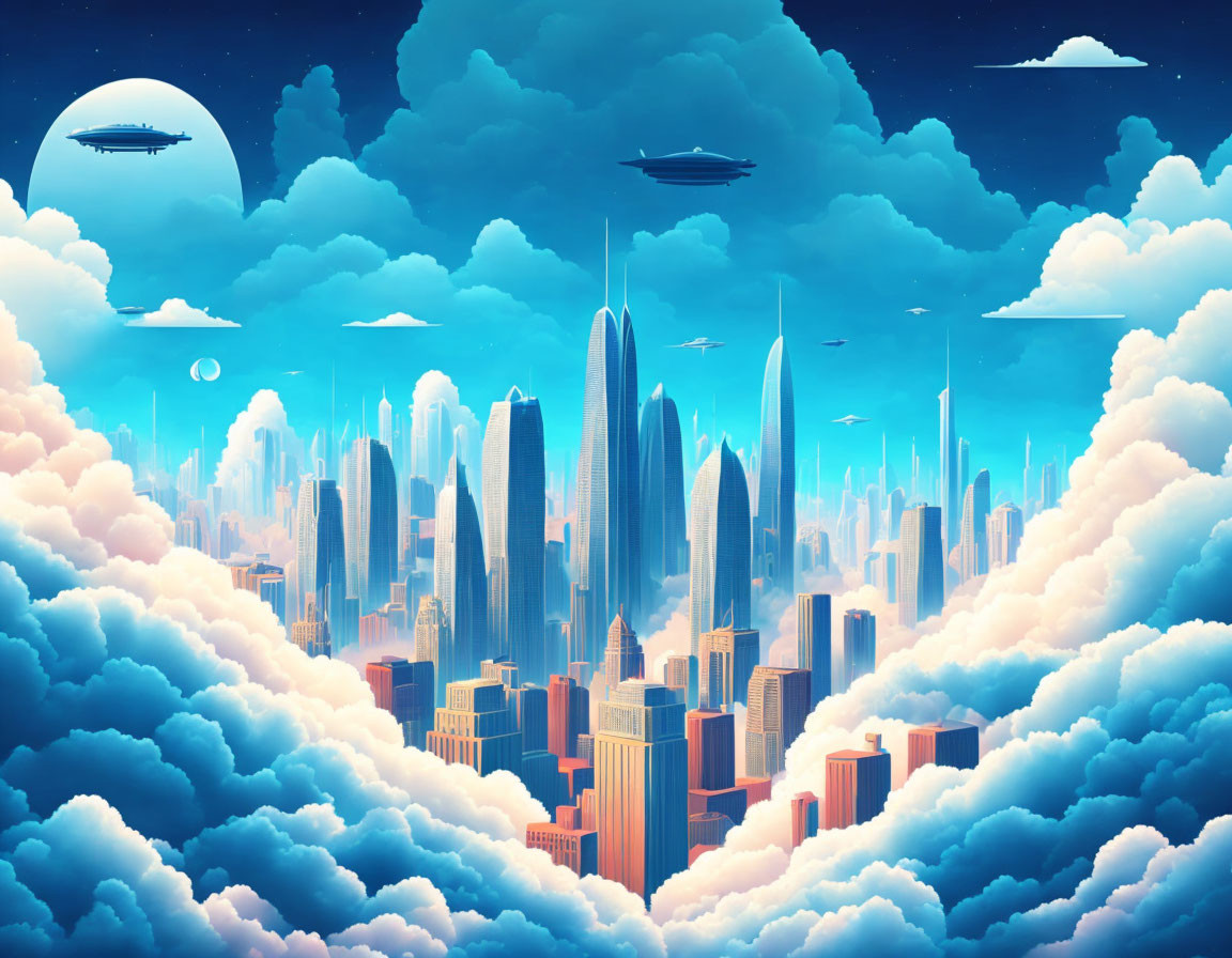 Futuristic cityscape with UFOs and skyscrapers in vibrant colors