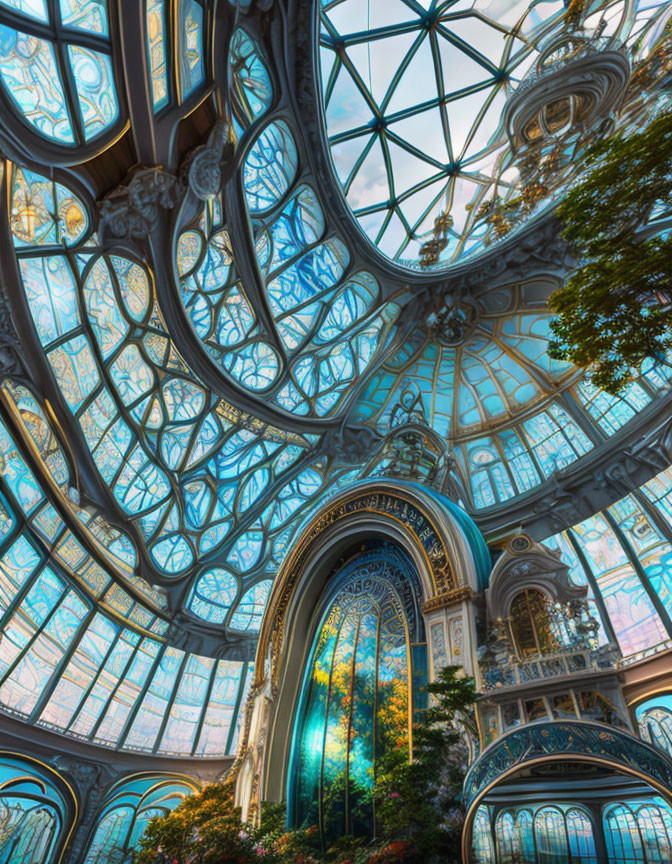 Elegant art nouveau glass-domed ceiling with lush greenery.