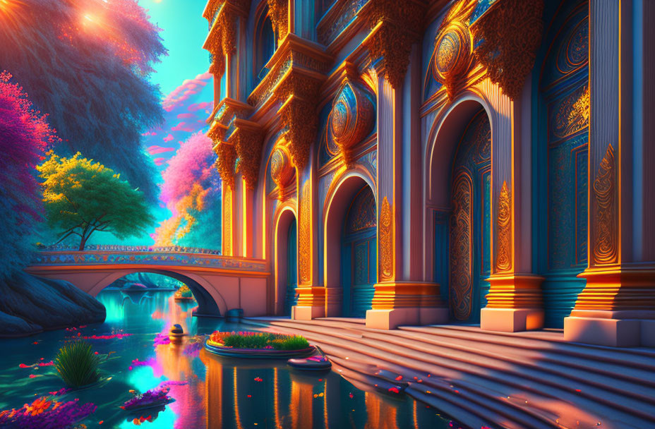 Fantasy landscape with luminous architecture by river at twilight