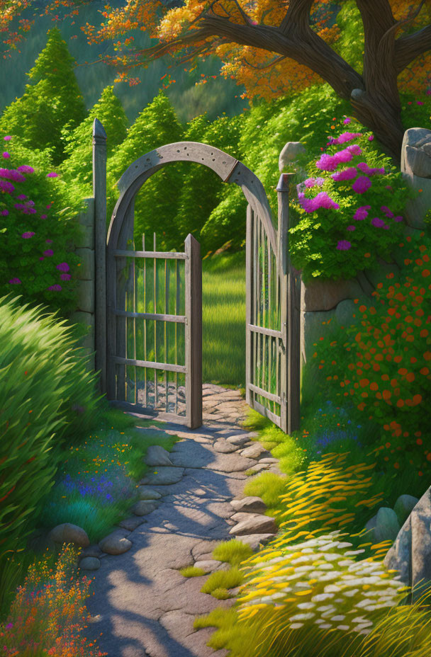 Sunlit garden path with colorful flowers and lush greenery