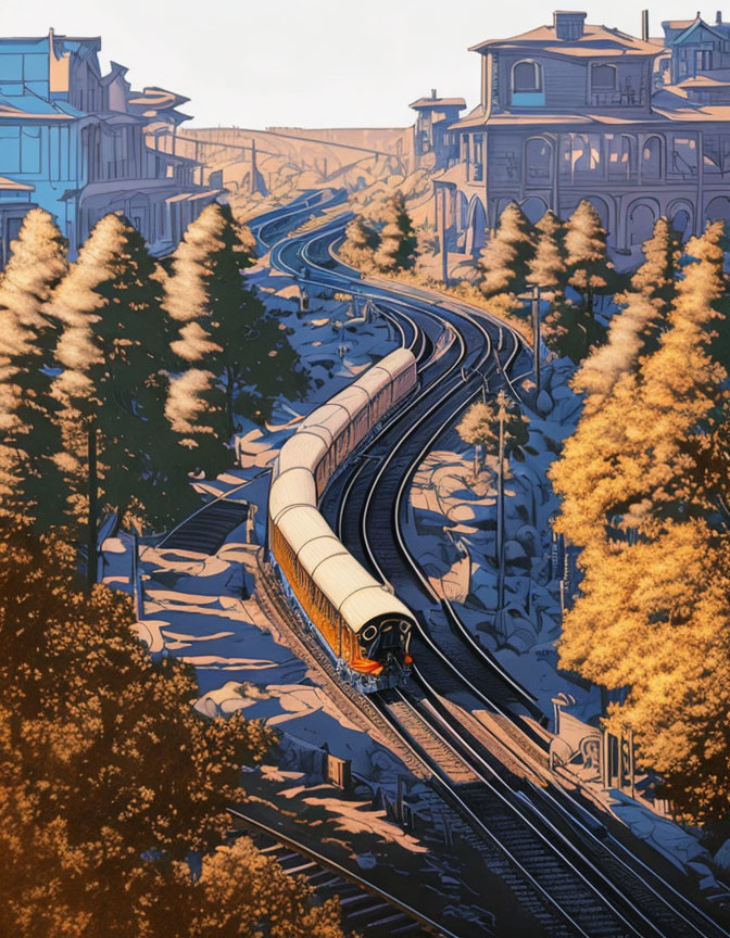 Vintage train on tree-lined track with old buildings in autumnal colors