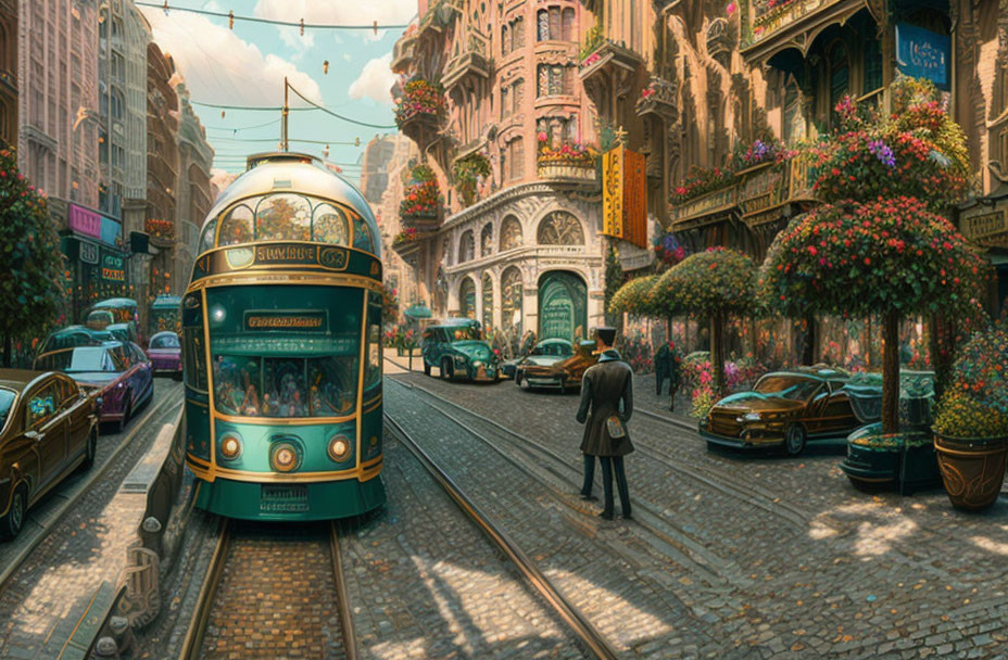 Vintage city street with tram, classic cars, and vibrant plants under warm glow