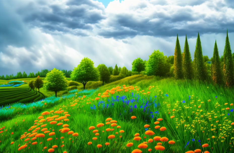 Vibrant orange and blue flowers in lush green field under dramatic sky