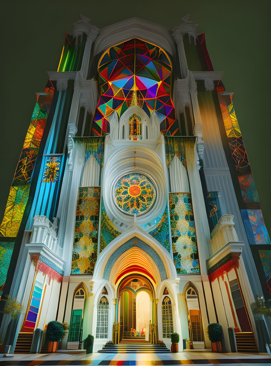 Grand Cathedral Interior with Soaring Columns and Stained Glass