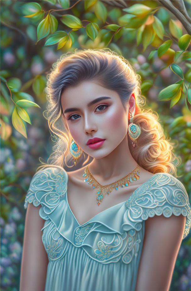 Elegant woman in pastel dress with gold jewelry against verdant backdrop