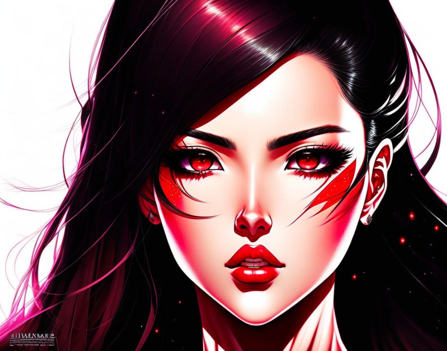 Stylized portrait of a woman with red eyes and dark hair on pink and black background