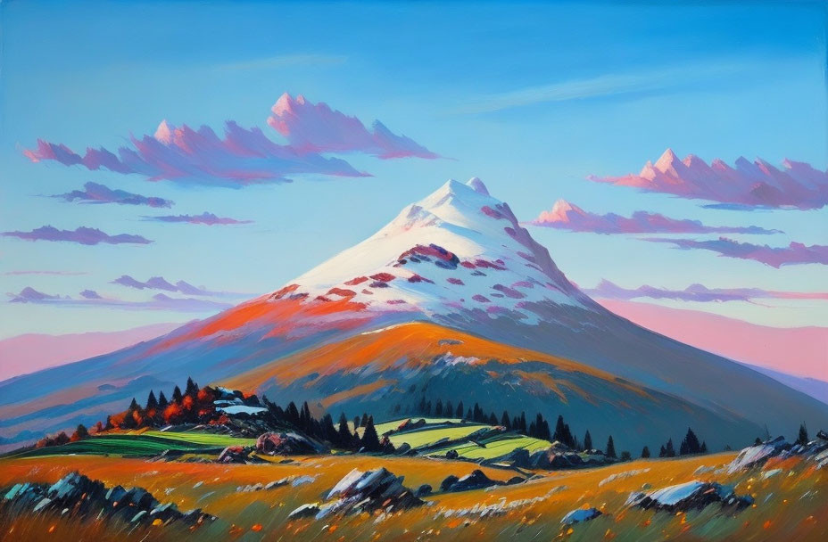 Snow-capped mountain painting with colorful sky & rolling hills