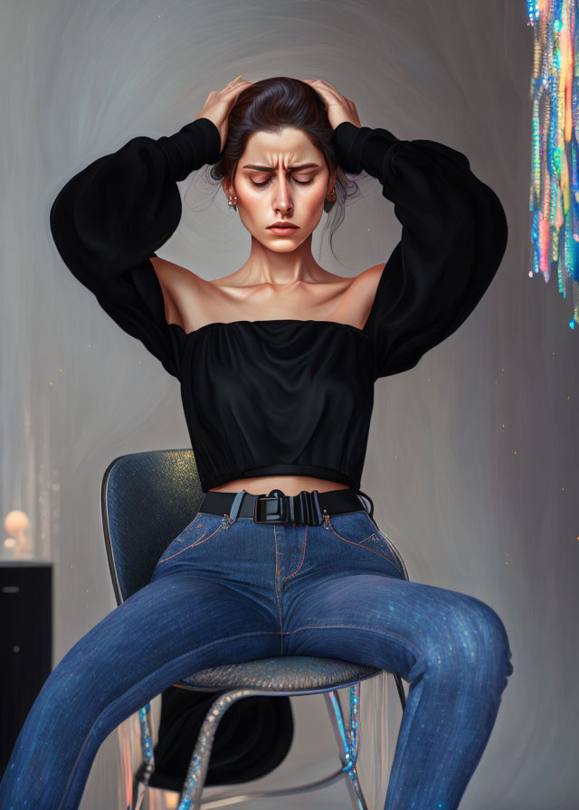 Digital artwork: Woman in black top and jeans on chair with bokeh background