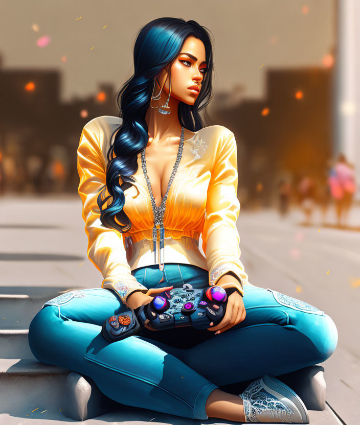 Stylized digital artwork: Woman with blue hair holding game controller on curb