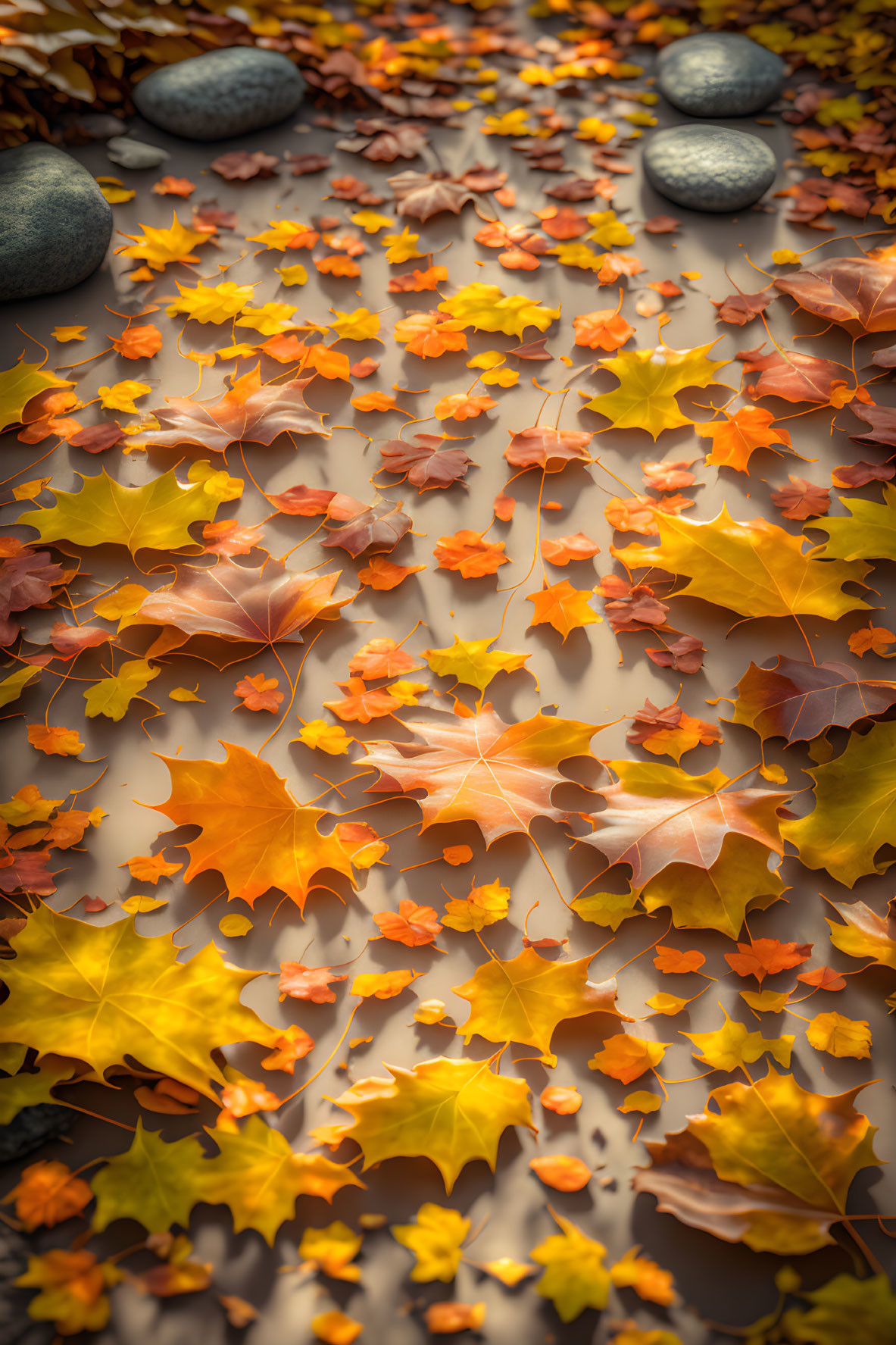 Autumn Leaves and River Rocks on Reflective Water Surface