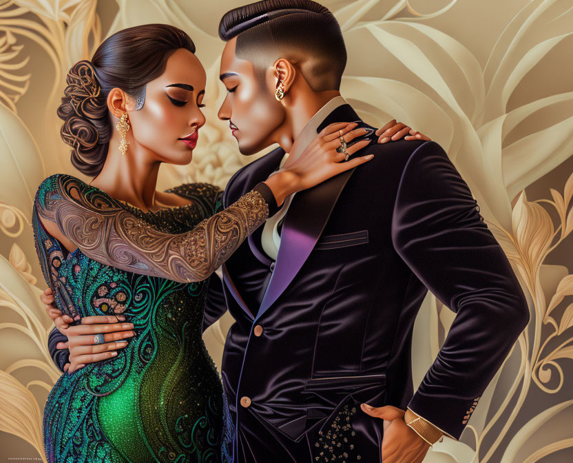 Stylized couple in formal attire with tattoos and gold patterned background