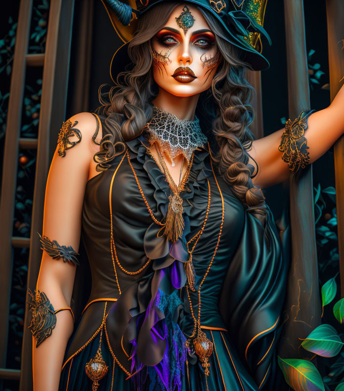 Elaborate Gothic makeup woman in top hat and ornate jewelry