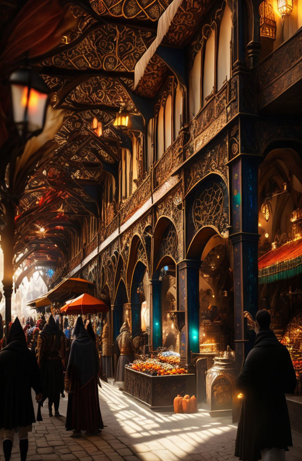 Vibrant market scene with ornate architecture and colorful stalls