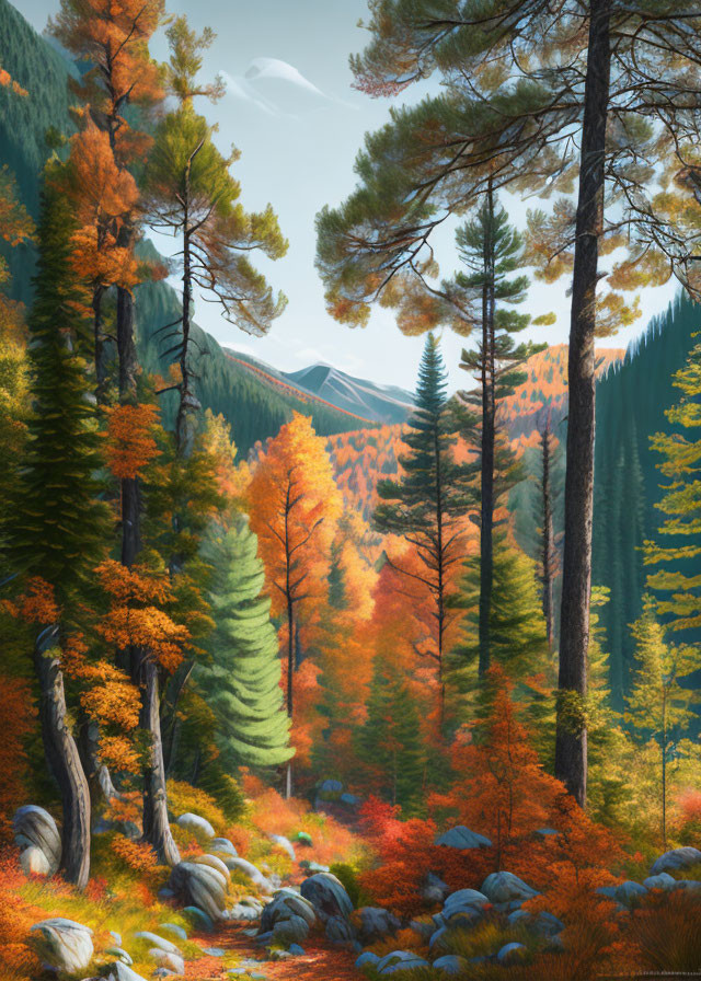 Tranquil Autumn Forest Scene with Vibrant Foliage and Pine Trees