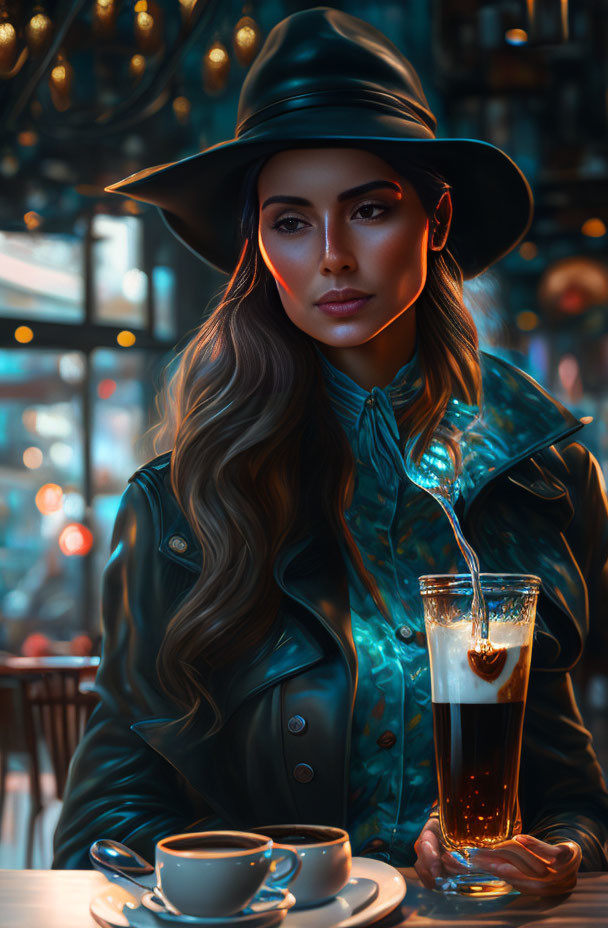 Stylish woman in hat and leather jacket at neon-lit bar with drink and spoon