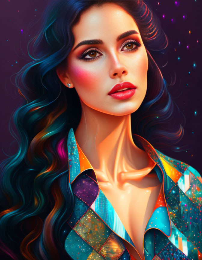 Vibrant makeup woman portrait on colorful starry background