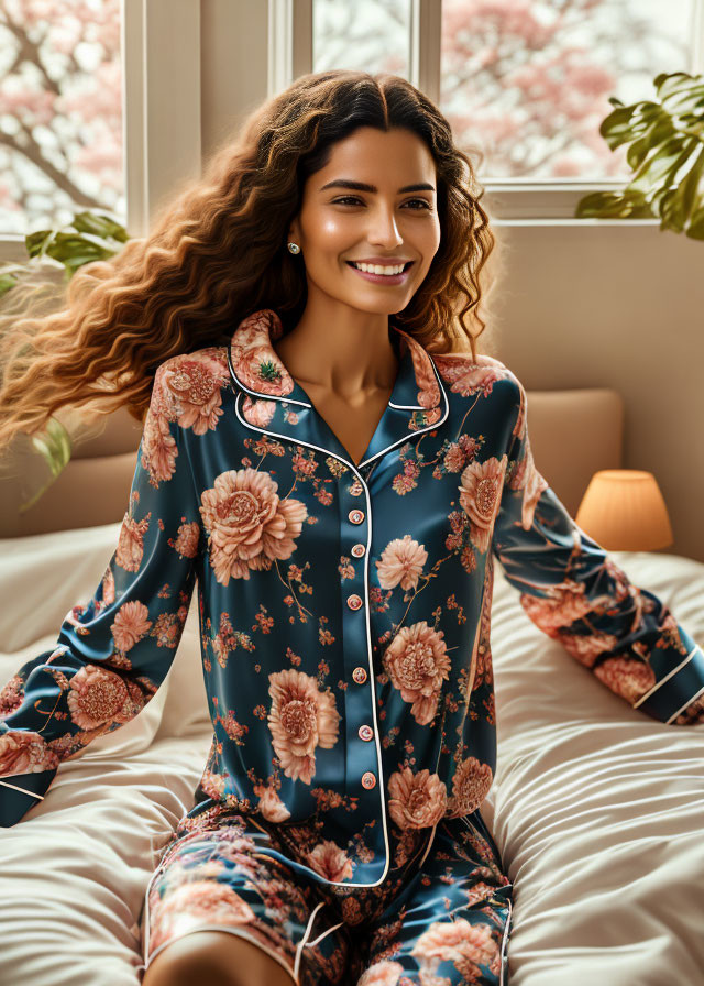 Smiling woman in floral pajamas by window with cherry blossoms