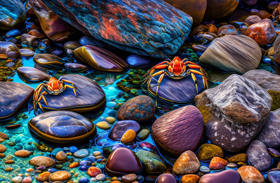 Colorful digital artwork featuring crabs on vibrant rocks with surreal texture.