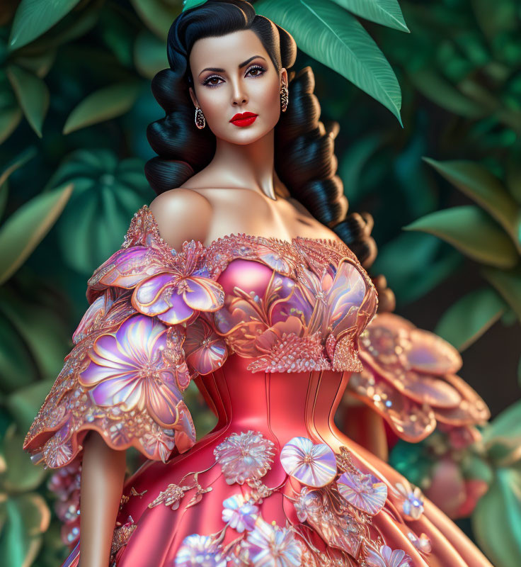 Illustrated woman with vintage waves hairstyle in ornate floral gown against green foliage.