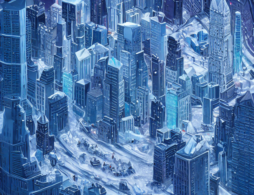 Icy Blue Futuristic Cityscape with Snow-Covered Streets