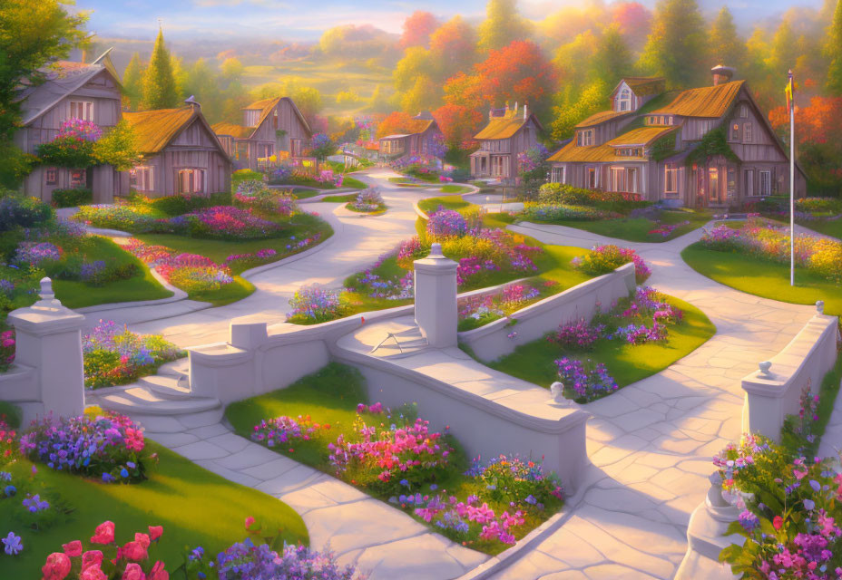 Picturesque village with quaint houses, lush gardens, and golden light.