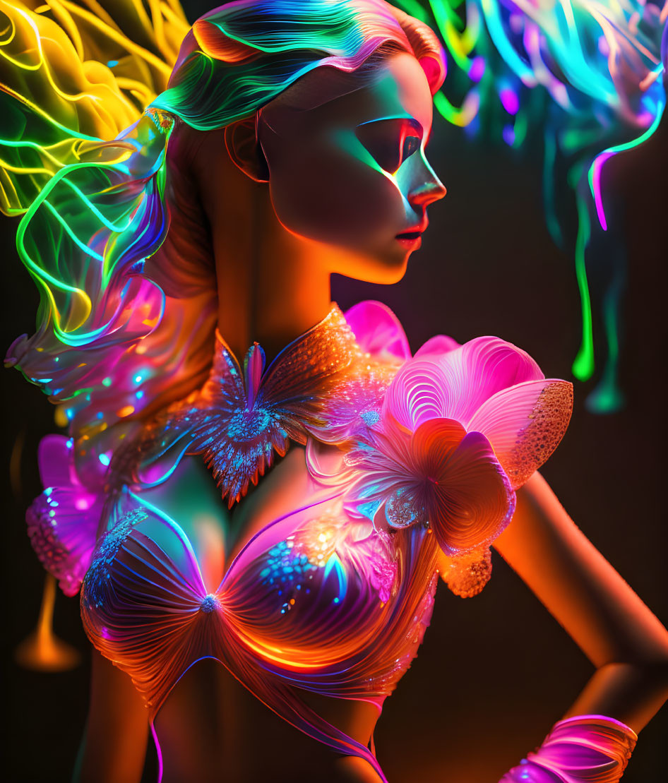 Colorful digital artwork: female figure with neon hair and dynamic lighting