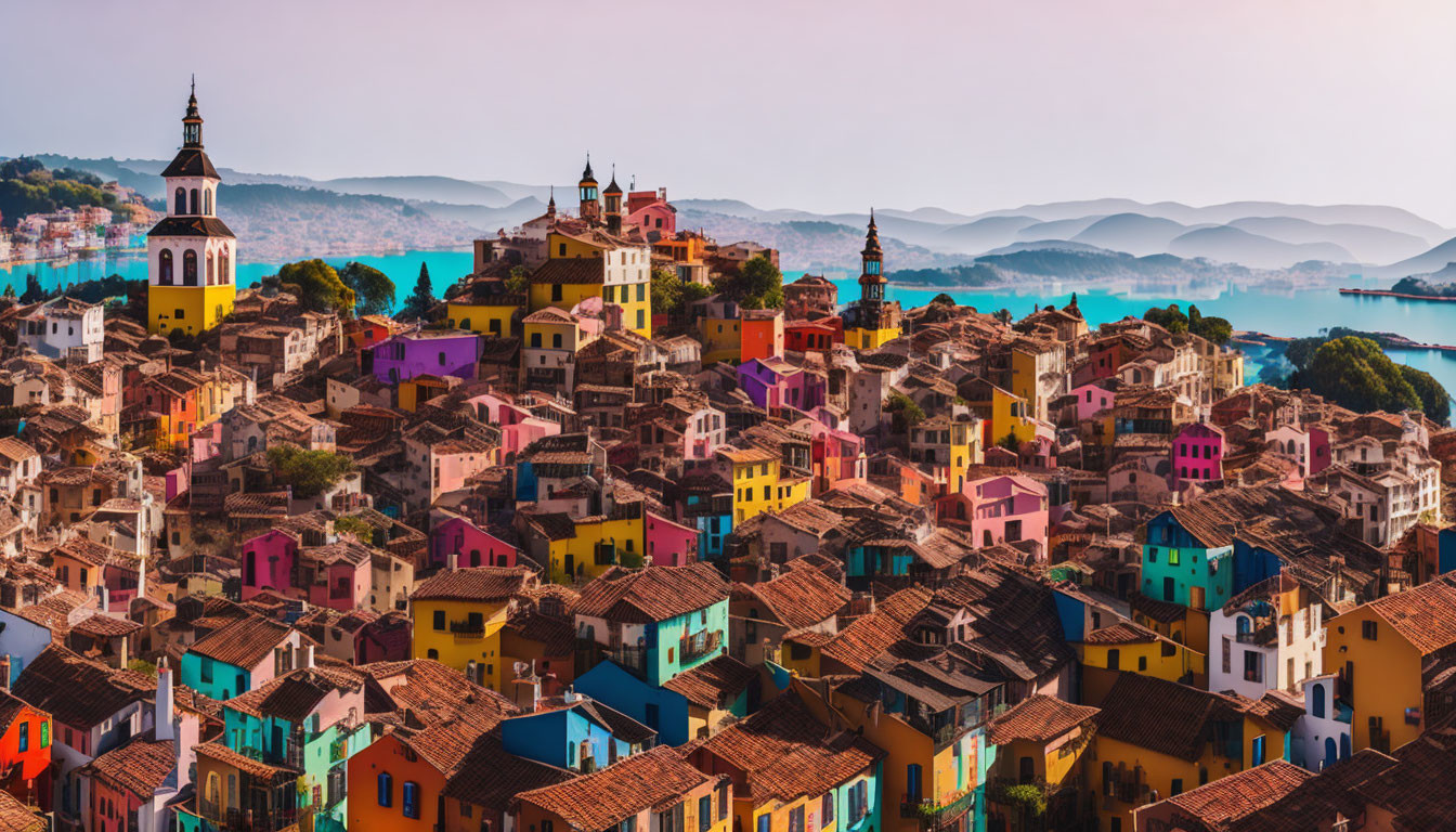 Vibrant hillside town with colorful houses, church spires, and misty mountains