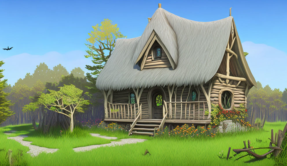 Cartoon-style house with thatched roof in lush forest clearing