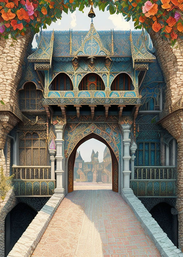 Fantasy castle gate with blue roofs, stone walls, arches, and flowering vines.