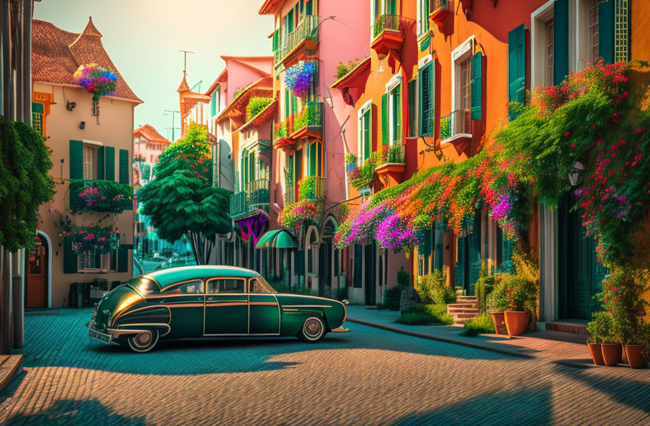 Classic Car on Colorful Street with Flowers in Sunlight