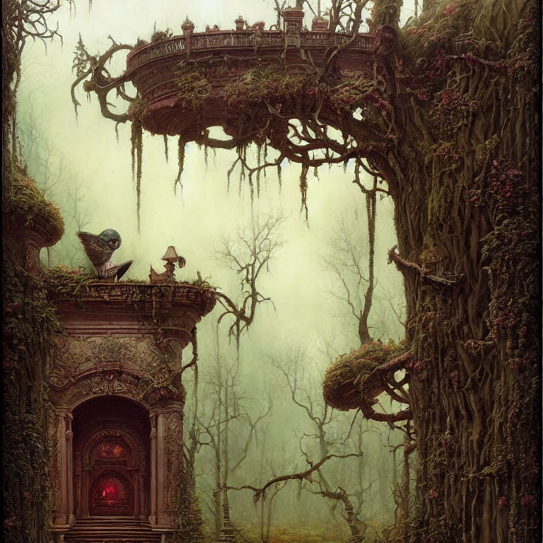 Woman on moss-covered path in misty forest with pigeon near ornate archway