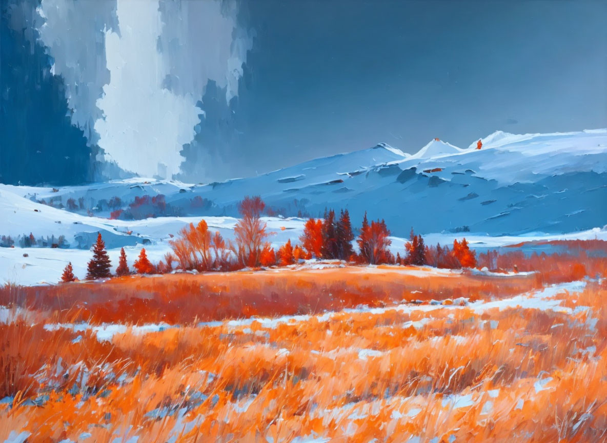 Colorful winter landscape oil painting with snow-covered hills and vibrant orange foliage.