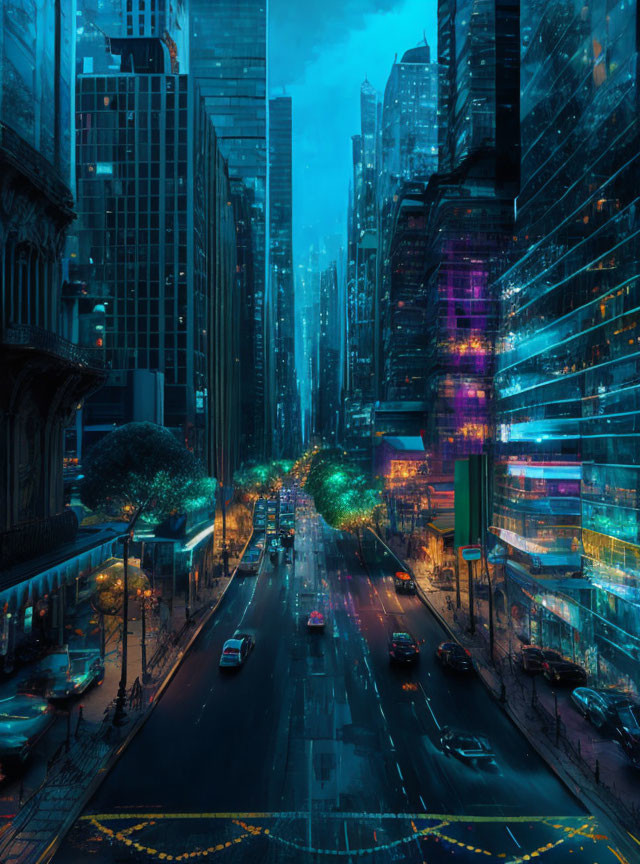 Urban twilight scene: city street with neon lights, cars, and trees against blue sky