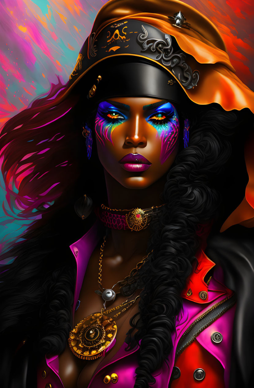 Portrait of woman with blue eyes, neon face paint, pirate hat, black curly hair.