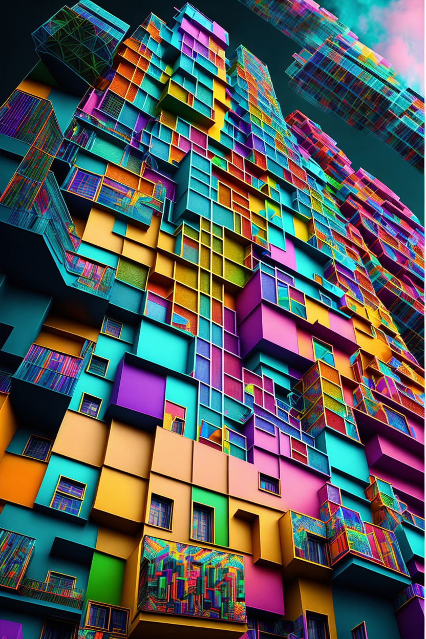 Colorful Cubes Form Abstract Architectural Structure in Psychedelic 3D Rendering