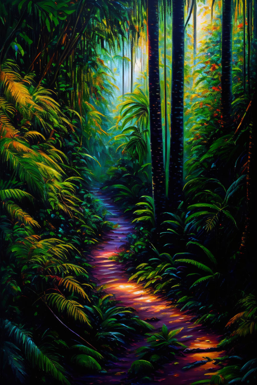 Forest Path Painting: Lush Greenery & Sunlight Glow