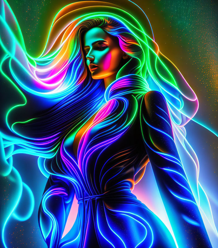 Vibrant digital portrait of a woman with neon outlines