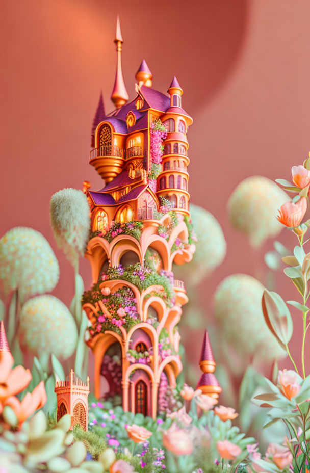 Fantasy castle with orange and purple hues in surreal greenery