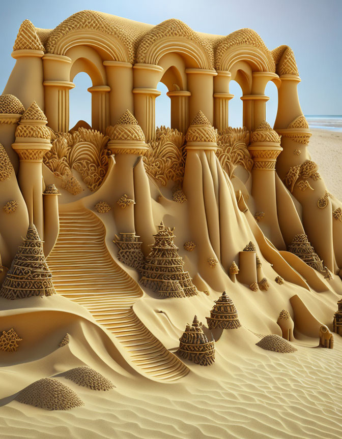 Detailed Sandcastle Sculpture with Archways and Towers on Sandy Beach