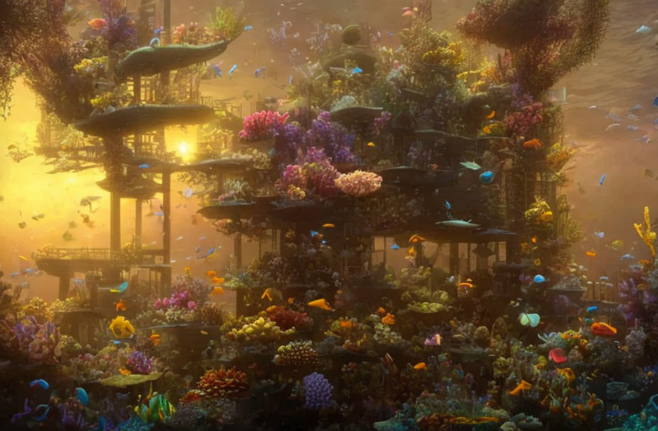 Colorful Coral Formations and Fish in Golden-Lit Underwater Scene