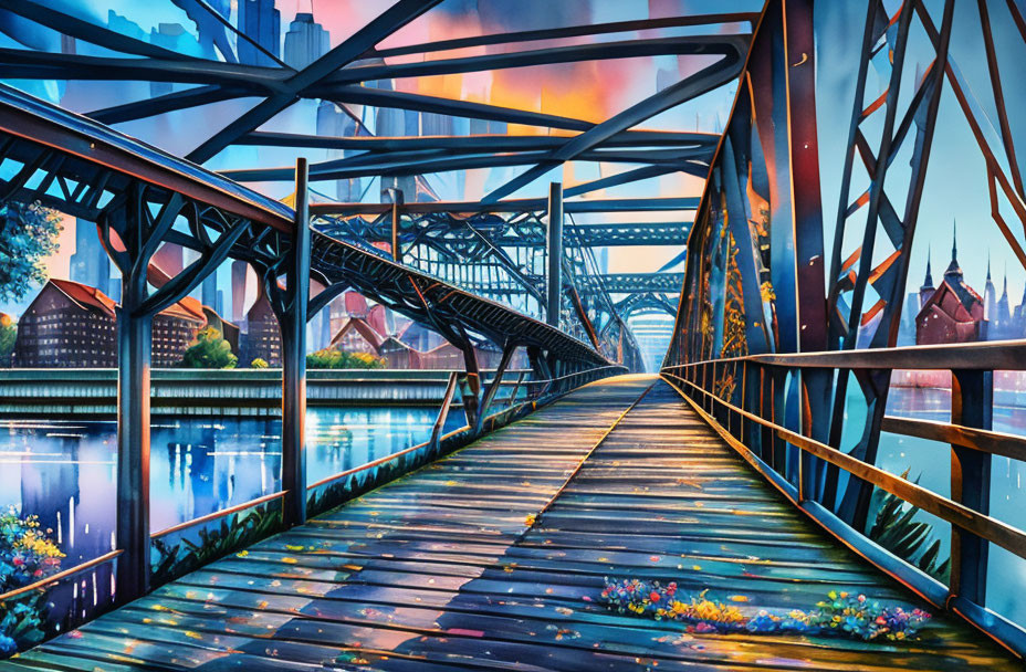 Colorful painting: old steel bridge over river to cityscape at sunset