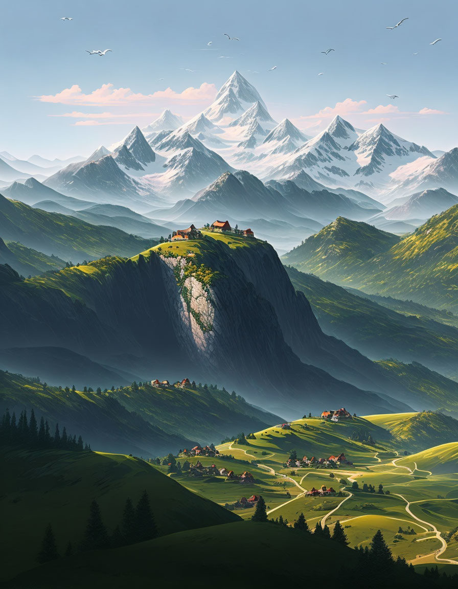 Mountain village landscape with rolling hills and clear sky